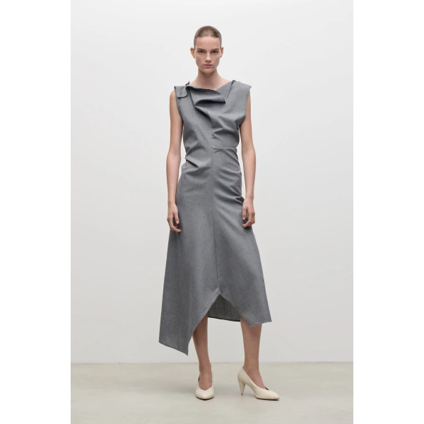 Victoria Beckham Draped Tailored Midi Dress in Light Grey Melange | Midi Dresses | Coveti, view 2