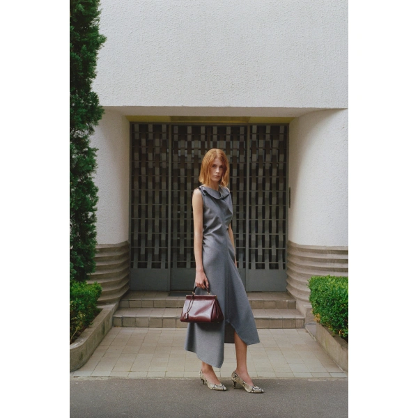 Victoria Beckham Draped Tailored Midi Dress in Light Grey Melange | Midi Dresses | Coveti, view 3