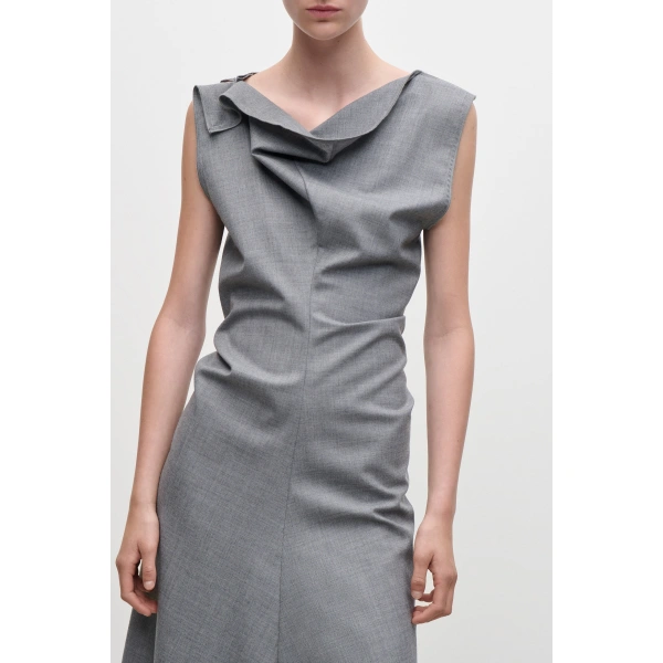 Victoria Beckham Draped Tailored Midi Dress in Light Grey Melange | Midi Dresses | Coveti, view 6