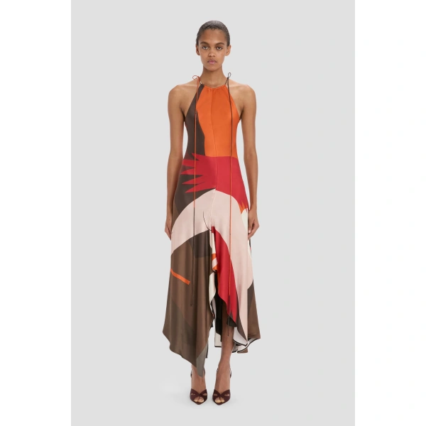 Victoria Beckham Halter Neck Midi Dress in Abstract Dark Earth | Halter Dresses | Coveti, view 2