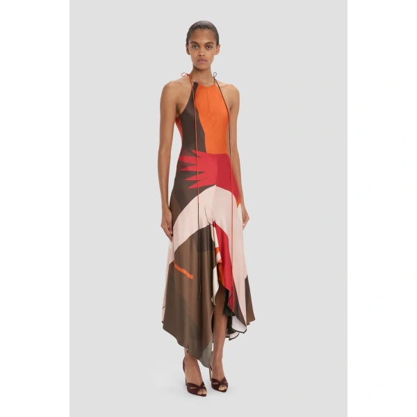 Victoria Beckham Halter Neck Midi Dress in Abstract Dark Earth | Halter Dresses | Coveti, view 4
