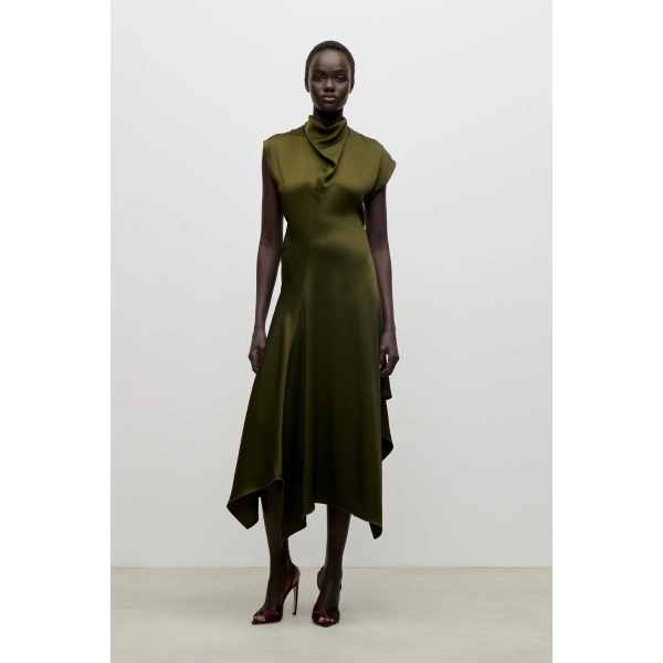 Victoria Beckham High Neck Draped Midi Dress in Marsh Green | Midi Dresses | Coveti, view 2