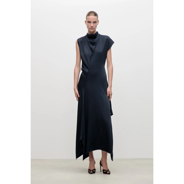 Victoria Beckham High Neck Draped Midi Dress in Midnight | Midi Dresses | Coveti, view 2