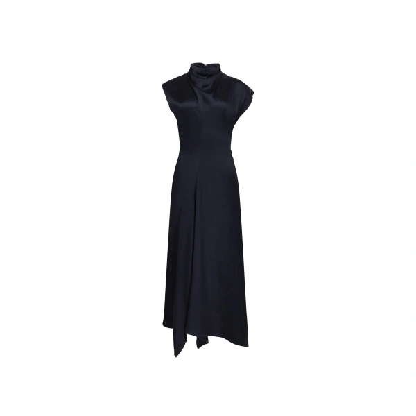 High Neck Draped Midi Dress in Midnight