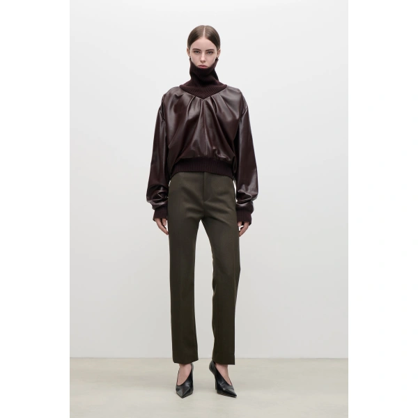 Victoria Beckham Knitted Collar Leather Top in Cassis | Long Sleeve Tops | Coveti, view 2