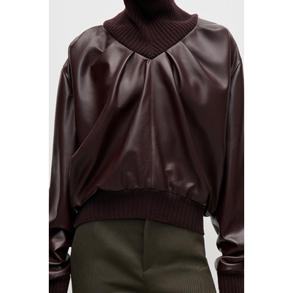 Victoria Beckham Knitted Collar Leather Top in Cassis | Long Sleeve Tops | Coveti, view 5