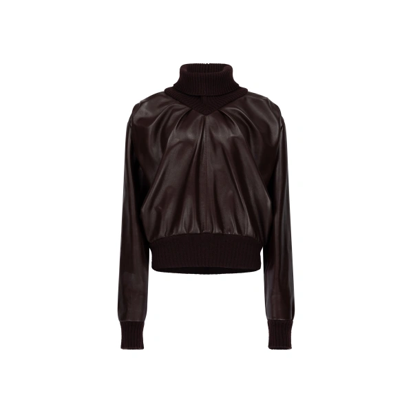 Knitted Collar Leather Top in Cassis