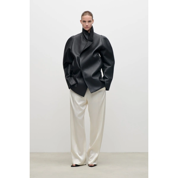 Victoria Beckham Leather Pea Coat in Black | Leather Coats | Coveti, view 2