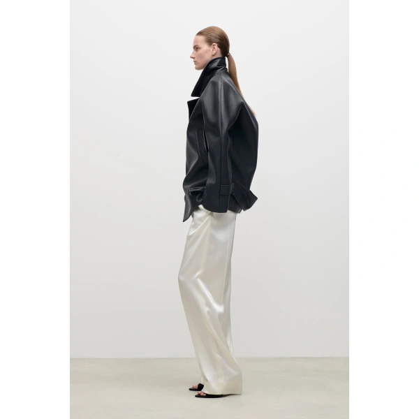 Victoria Beckham Leather Pea Coat in Black | Leather Coats | Coveti, view 3
