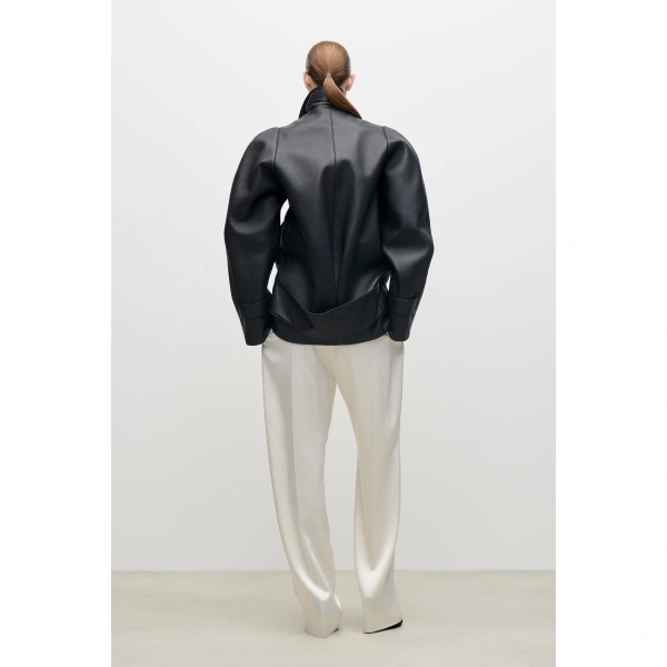 Victoria Beckham Leather Pea Coat in Black | Leather Coats | Coveti, view 4