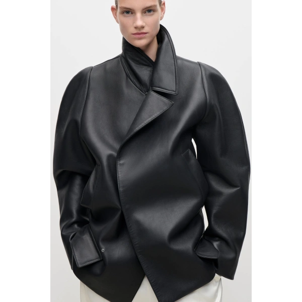 Victoria Beckham Leather Pea Coat in Black | Leather Coats | Coveti, view 5
