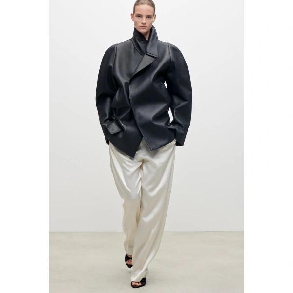 Victoria Beckham Leather Pea Coat in Black | Leather Coats | Coveti, view 6