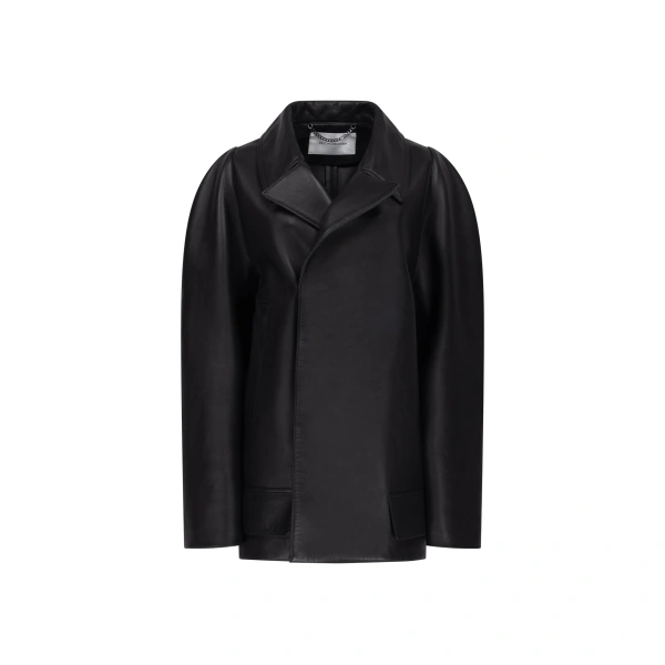 Leather Pea Coat in Black