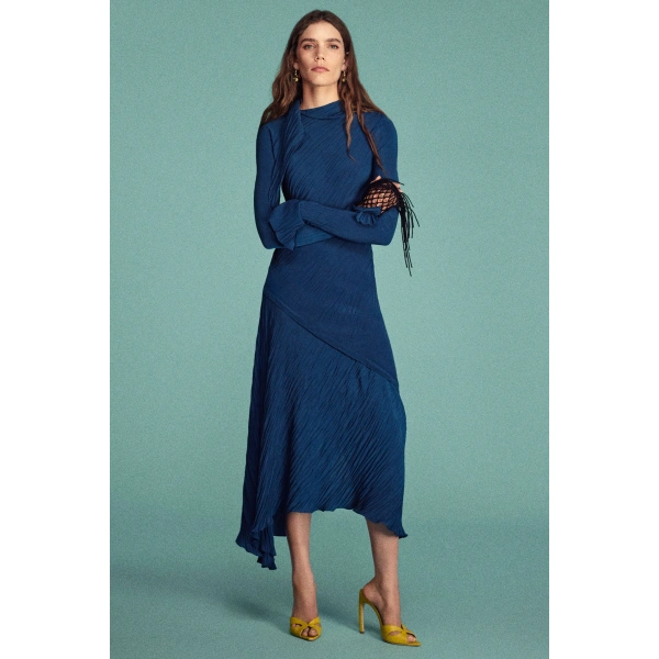 Victoria Beckham Plisse Dress in Dark Ocean | Midi Dresses | Coveti, view 3