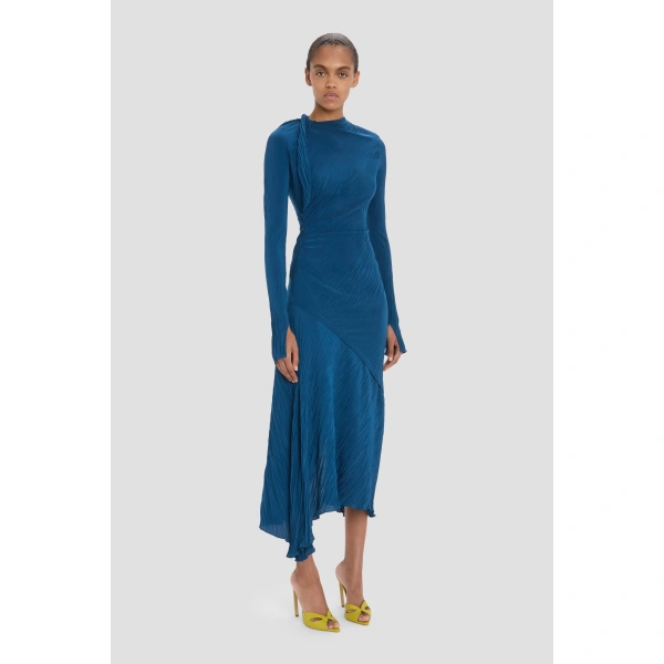 Victoria Beckham Plisse Dress in Dark Ocean | Midi Dresses | Coveti, view 5