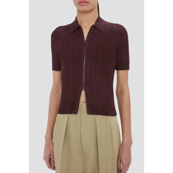 Victoria Beckham Ribbed Polo Top in Acai | Sweaters | Coveti, view 3