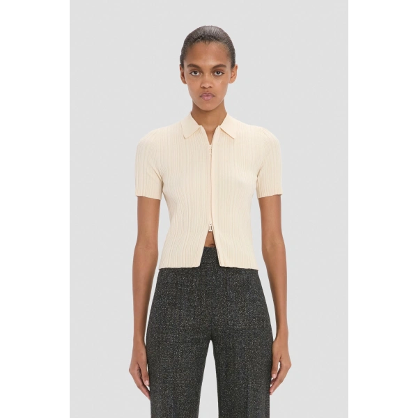 Victoria Beckham Ribbed Polo Top in Elderflower | Sweaters | Coveti, view 2