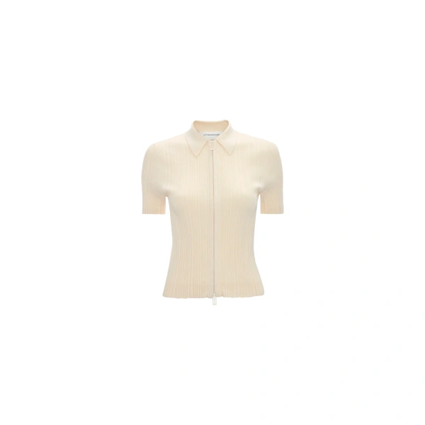 Victoria Beckham Ribbed Polo Top in Elderflower | Sweaters | Coveti