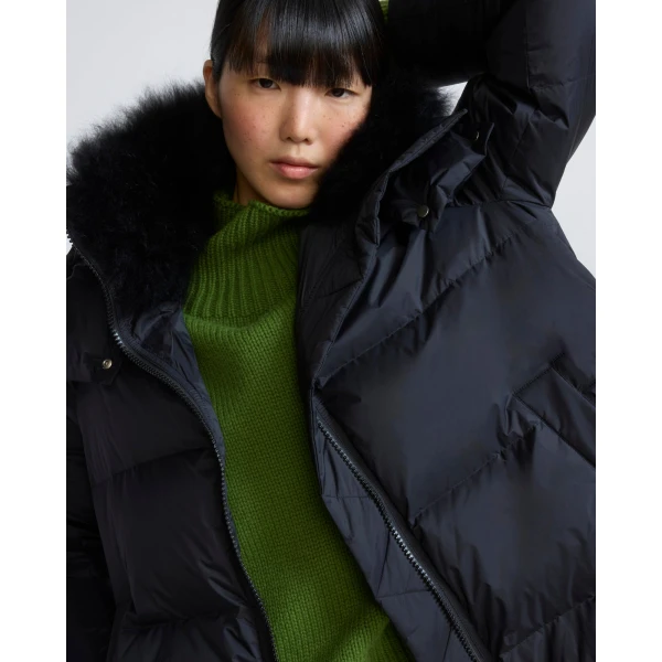 Yves Salomon A-Line Waterproof Down Jacket with Lambswool Trim in Black | Coats | Coveti