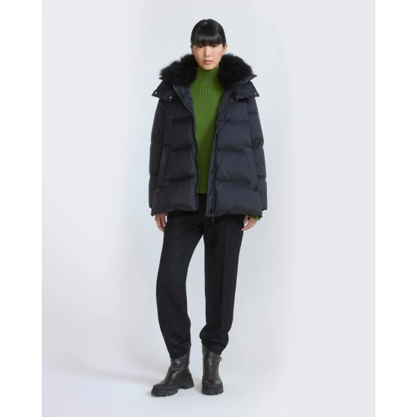 Yves Salomon A-Line Waterproof Down Jacket with Lambswool Trim in Black | Coats | Coveti