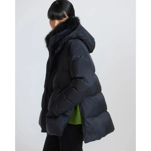 Yves Salomon A-Line Waterproof Down Jacket with Lambswool Trim in Black | Coats | Coveti