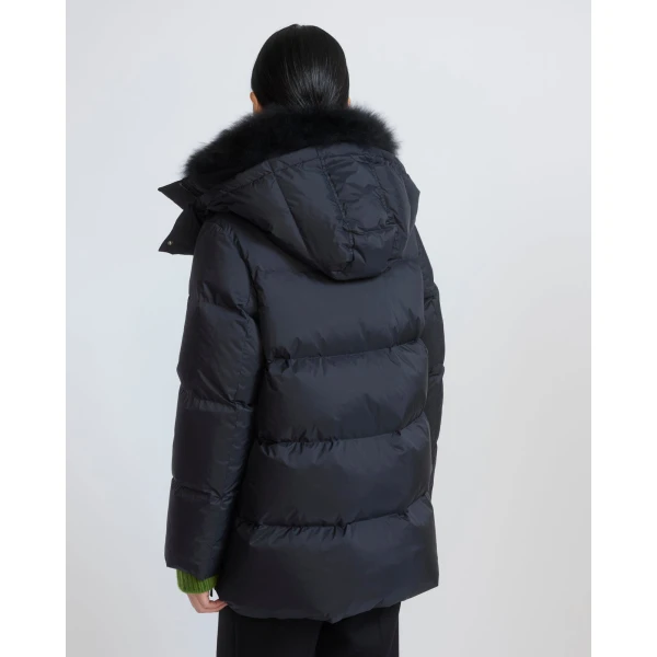 Yves Salomon A-Line Waterproof Down Jacket with Lambswool Trim in Black | Coats | Coveti
