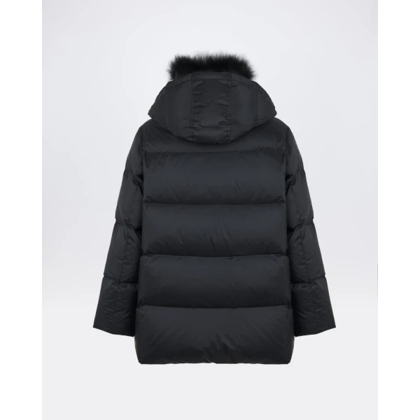 Yves Salomon A-Line Waterproof Down Jacket with Lambswool Trim in Black | Coats | Coveti