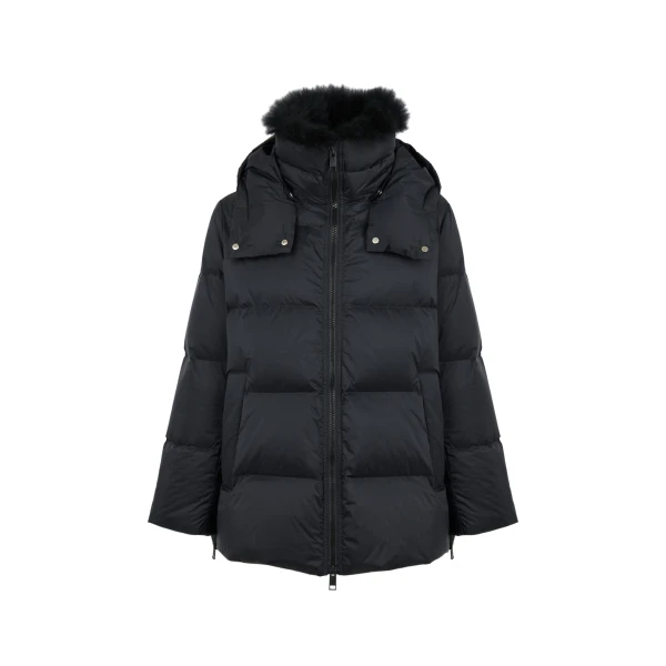 A-Line Waterproof Down Jacket with Lambswool Trim in Black