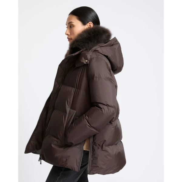 Yves Salomon A-Line Waterproof Down Jacket with Lambswool Trim in Brown | Coats | Coveti
