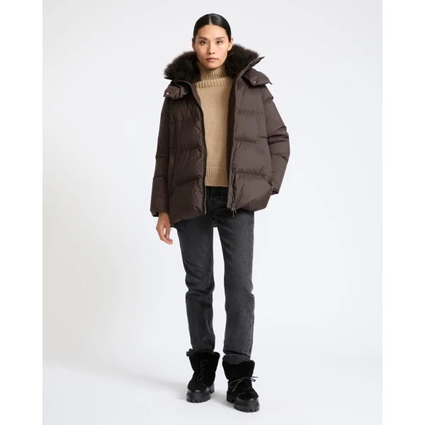 Yves Salomon A-Line Waterproof Down Jacket with Lambswool Trim in Brown | Coats | Coveti