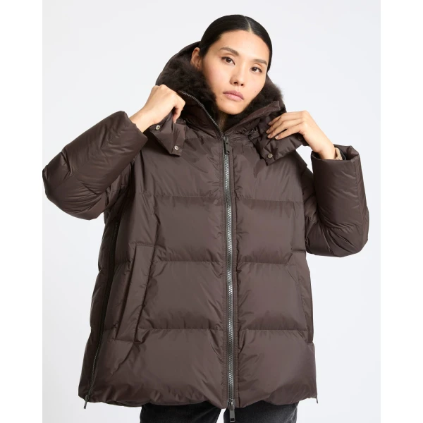 Yves Salomon A-Line Waterproof Down Jacket with Lambswool Trim in Brown | Coats | Coveti