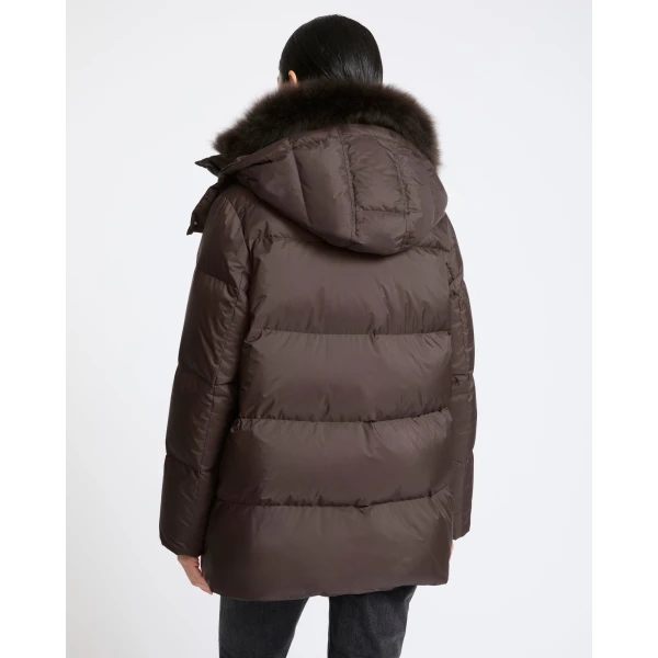 Yves Salomon A-Line Waterproof Down Jacket with Lambswool Trim in Brown | Coats | Coveti