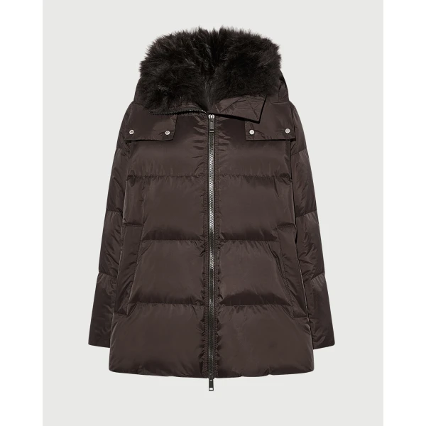 Yves Salomon A-Line Waterproof Down Jacket with Lambswool Trim in Brown | Coats | Coveti