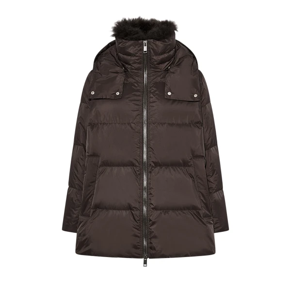 Yves Salomon A-Line Waterproof Down Jacket with Lambswool Trim in Brown | Women | Coveti
