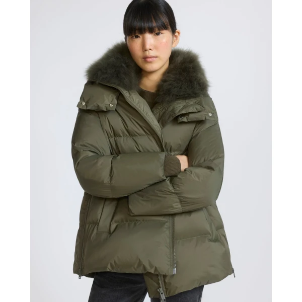 Yves Salomon A-Line Waterproof Down Jacket with Lambswool Trim in Khaki | Coats | Coveti