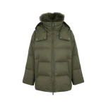 Yves Salomon A-Line Waterproof Down Jacket with Lambswool Trim in Khaki | Women | Coveti