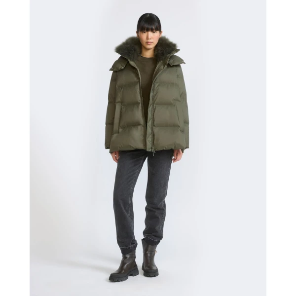 Yves Salomon A-Line Waterproof Down Jacket with Lambswool Trim in Khaki | Coats | Coveti