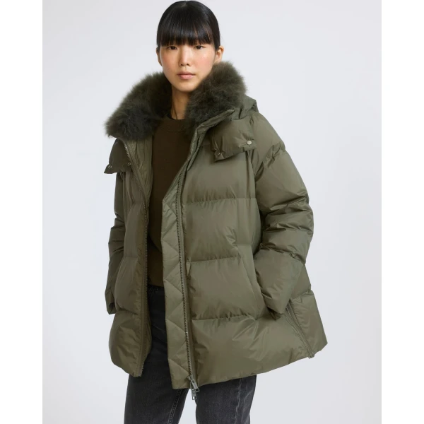 Yves Salomon A-Line Waterproof Down Jacket with Lambswool Trim in Khaki | Coats | Coveti