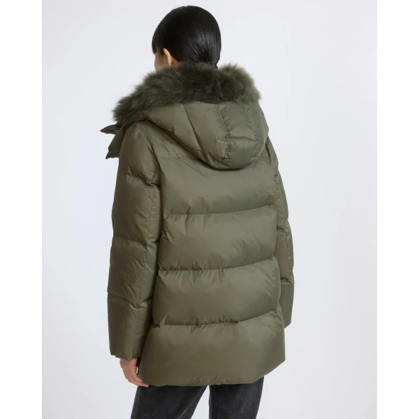 Yves Salomon A-Line Waterproof Down Jacket with Lambswool Trim in Khaki | Coats | Coveti