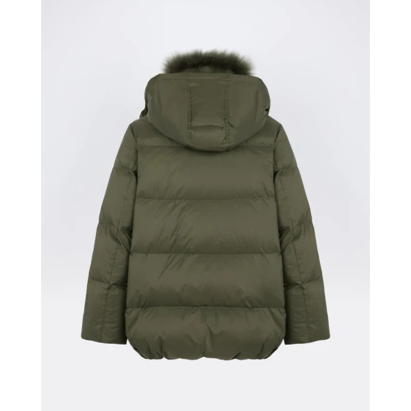 Yves Salomon A-Line Waterproof Down Jacket with Lambswool Trim in Khaki | Coats | Coveti