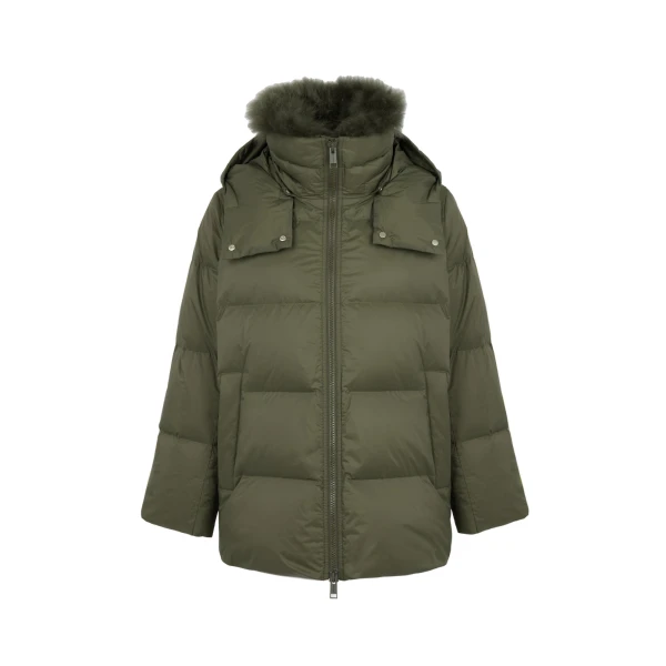Yves Salomon A-Line Waterproof Down Jacket with Lambswool Trim in Khaki | Women | Coveti