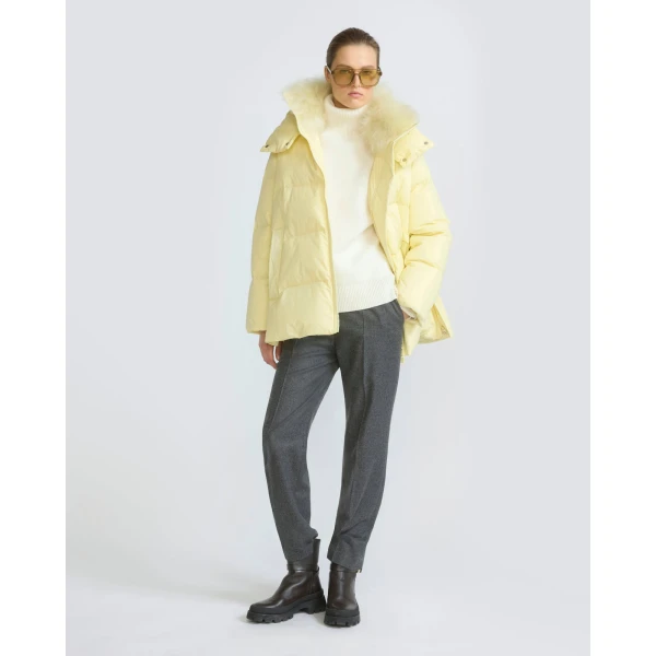 Yves Salomon A-Line Waterproof Down Jacket with Lambswool Trim in Pale Yellow | Coats | Coveti