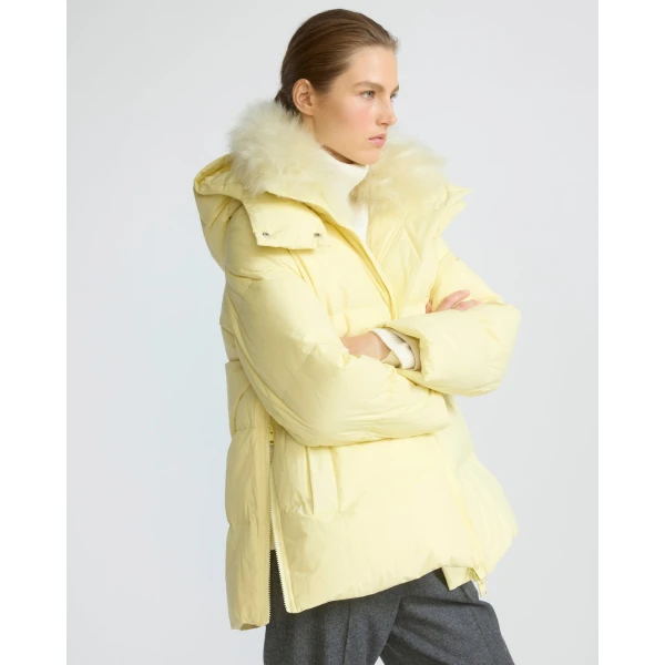 Yves Salomon A-Line Waterproof Down Jacket with Lambswool Trim in Pale Yellow | Coats | Coveti