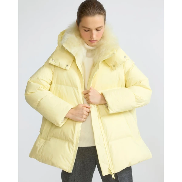 Yves Salomon A-Line Waterproof Down Jacket with Lambswool Trim in Pale Yellow | Coats | Coveti