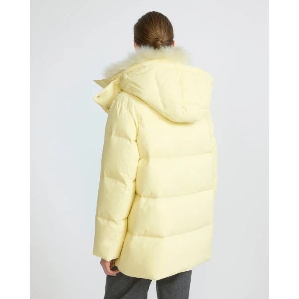 Yves Salomon A-Line Waterproof Down Jacket with Lambswool Trim in Pale Yellow | Coats | Coveti