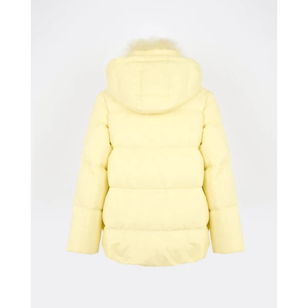Yves Salomon A-Line Waterproof Down Jacket with Lambswool Trim in Pale Yellow | Coats | Coveti