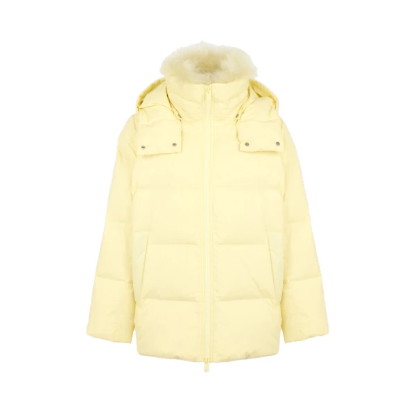 Yves Salomon A-Line Waterproof Down Jacket with Lambswool Trim in Pale Yellow | Women | Coveti