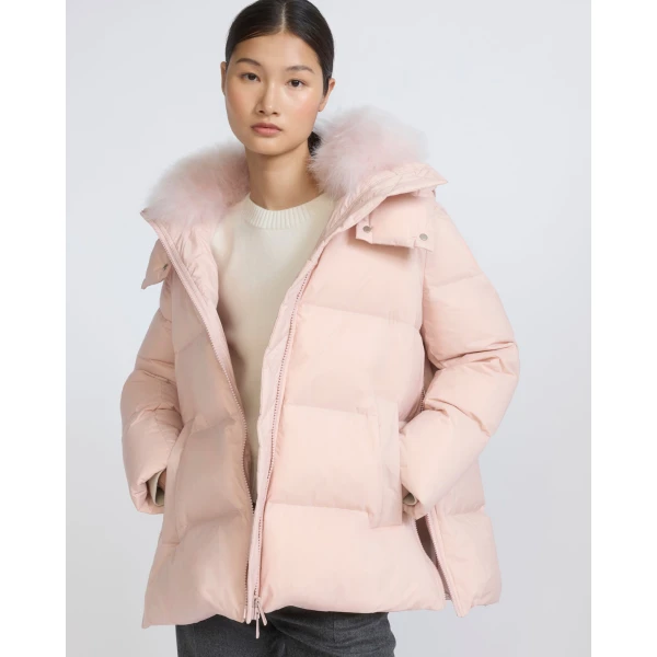 Yves Salomon A-Line Waterproof Down Jacket with Lambswool Trim in Pink | Coats | Coveti