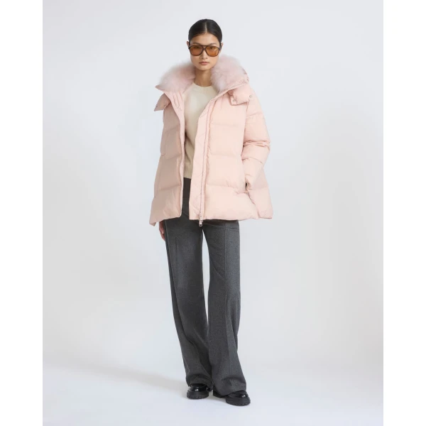 Yves Salomon A-Line Waterproof Down Jacket with Lambswool Trim in Pink | Coats | Coveti