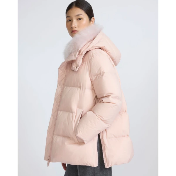 Yves Salomon A-Line Waterproof Down Jacket with Lambswool Trim in Pink | Coats | Coveti